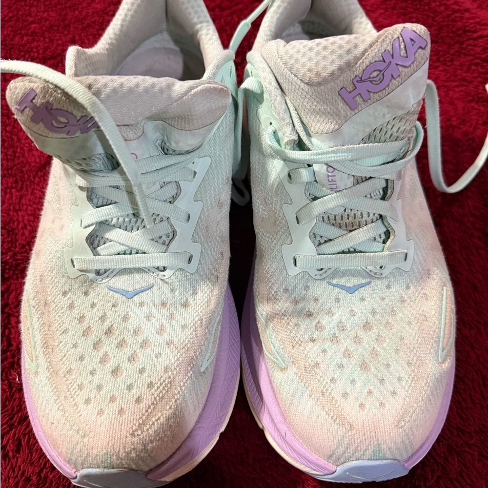 Hoka Green and Purple Athletic Shoes with Knit Upper